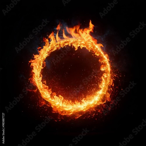 Fire orange flame ring of fire on black background photo