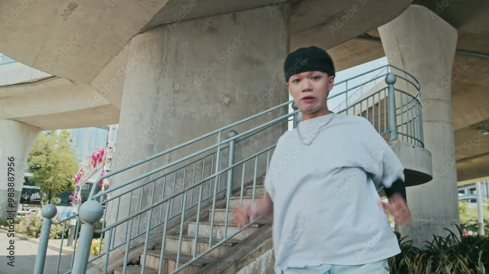 Low angle view of young Asian guy looking at camera while practicing breakdance movements outdoors