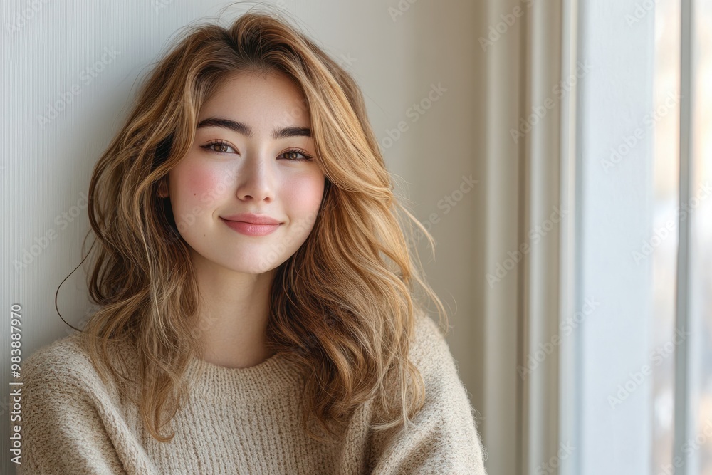A young Japanese woman with wavy, light brown hair smiles softly while leaning against A young Japanese woman with wavy, light brown hair smiles softly while leaning against