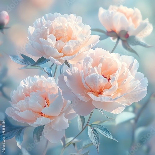 Peony garden with large, full blooms in soft pastel colors, a gentle breeze rustling the leaves, and a soft-focus background, elegant and timeless