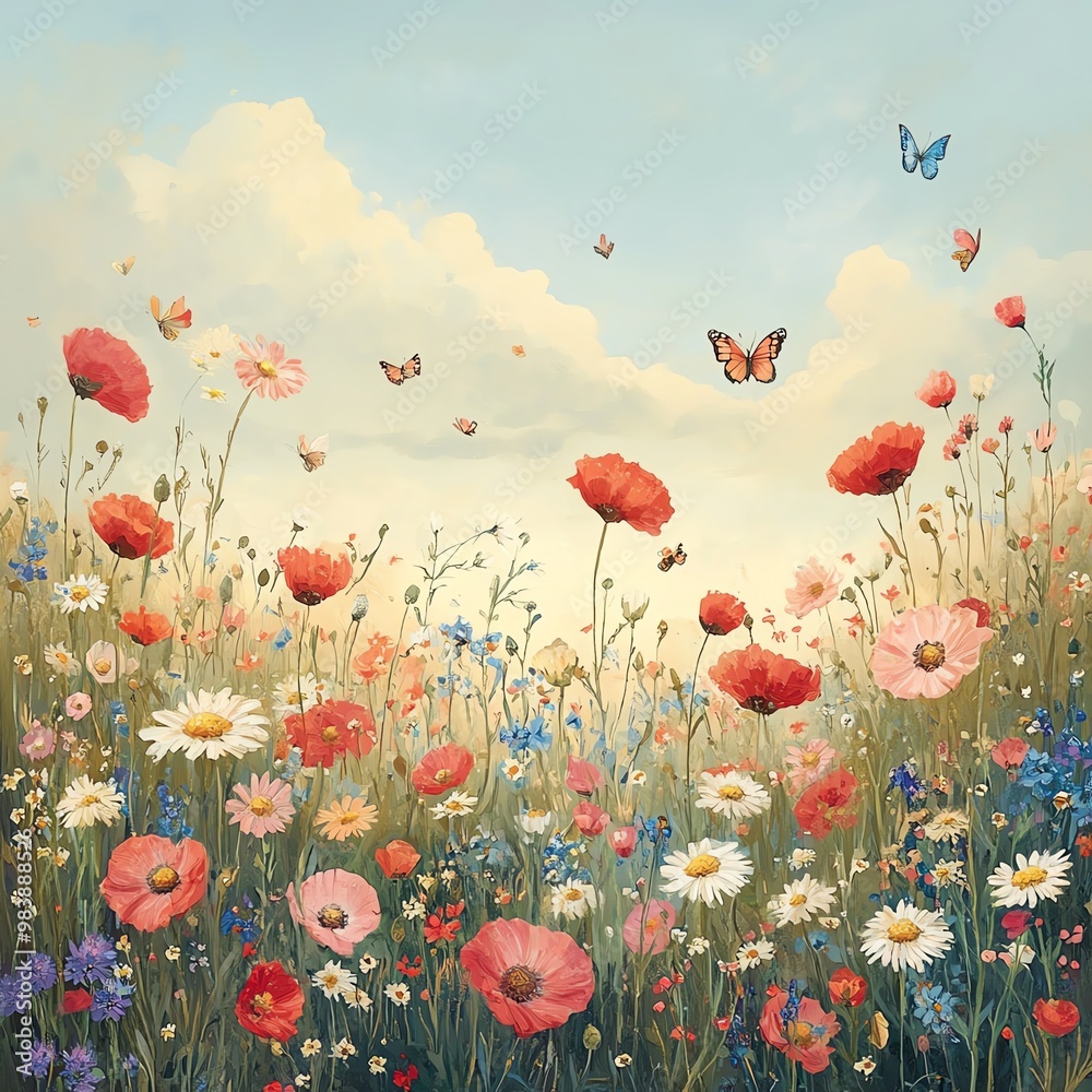 Obraz premium Wildflower meadow with a mix of daisies, poppies, and cornflowers, butterflies fluttering around, and a soft, pastel sky, whimsical floral landscape