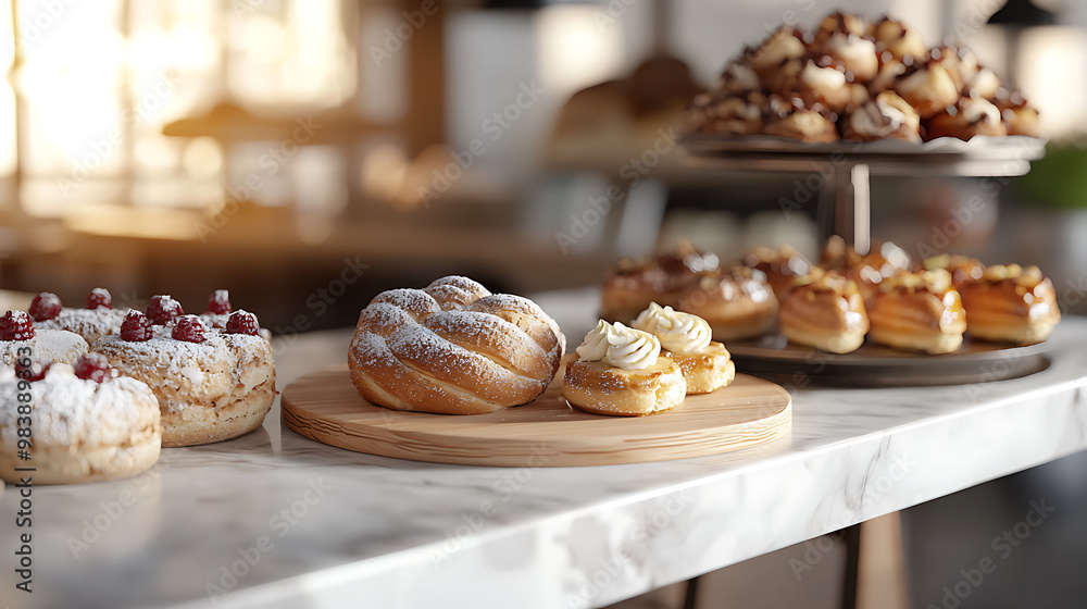 Delight in assortment of pastries displayed on bakery table, featuring variety of sweet treats like cream filled pastries, fruit topped desserts, and fluffy doughnuts. Delight in assortment of pastries displayed on bakery table, featuring variety of sweet treats like cream filled pastries, fruit topped desserts, and fluffy doughnuts.
