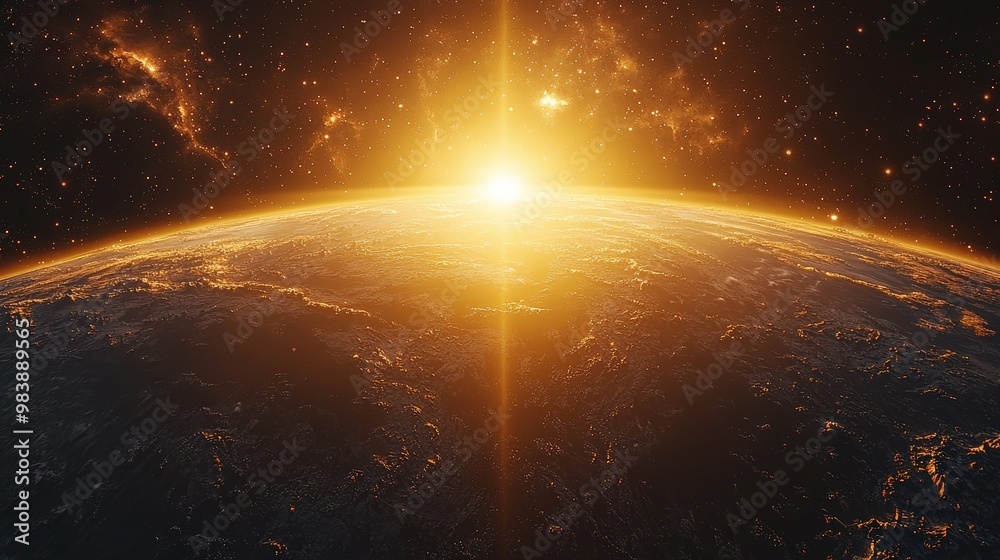 Earth Sunrise from Space with Golden Light and Stars Earth Sunrise from Space with Golden Light and Stars