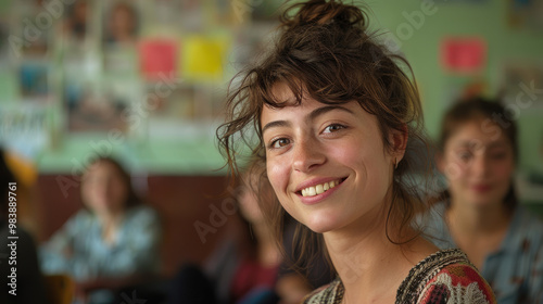 A happy teacher in the background of a classroom at school.