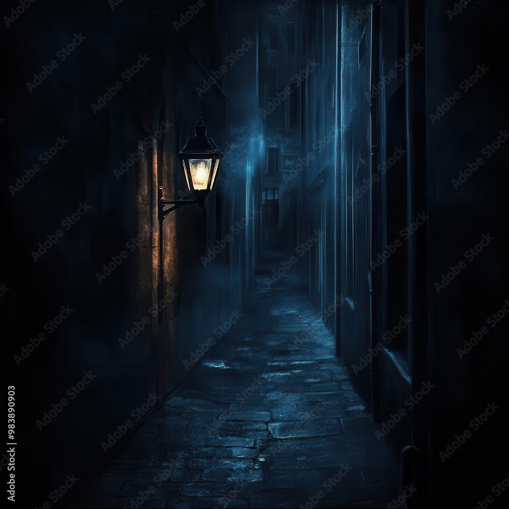 A dark alleyway lit by a single, flickering streetlamp, representing isolation and despair, [urban], [grief and solitude].