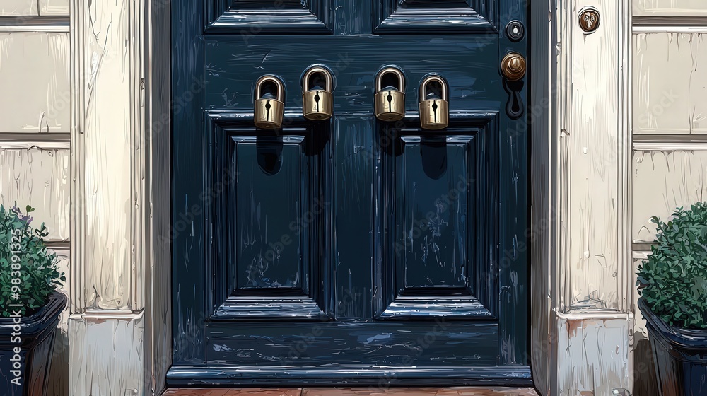 Locked Blue Door with Golden Padlocks Security Safety Home Entrance Architecture Locked Blue Door with Golden Padlocks Security Safety Home Entrance Architecture