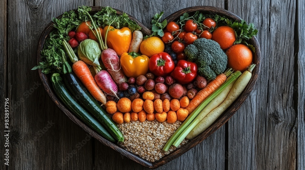 Heart Shaped Bowl of Fresh Vegetables and Fruit Heart Shaped Bowl of Fresh Vegetables and Fruit