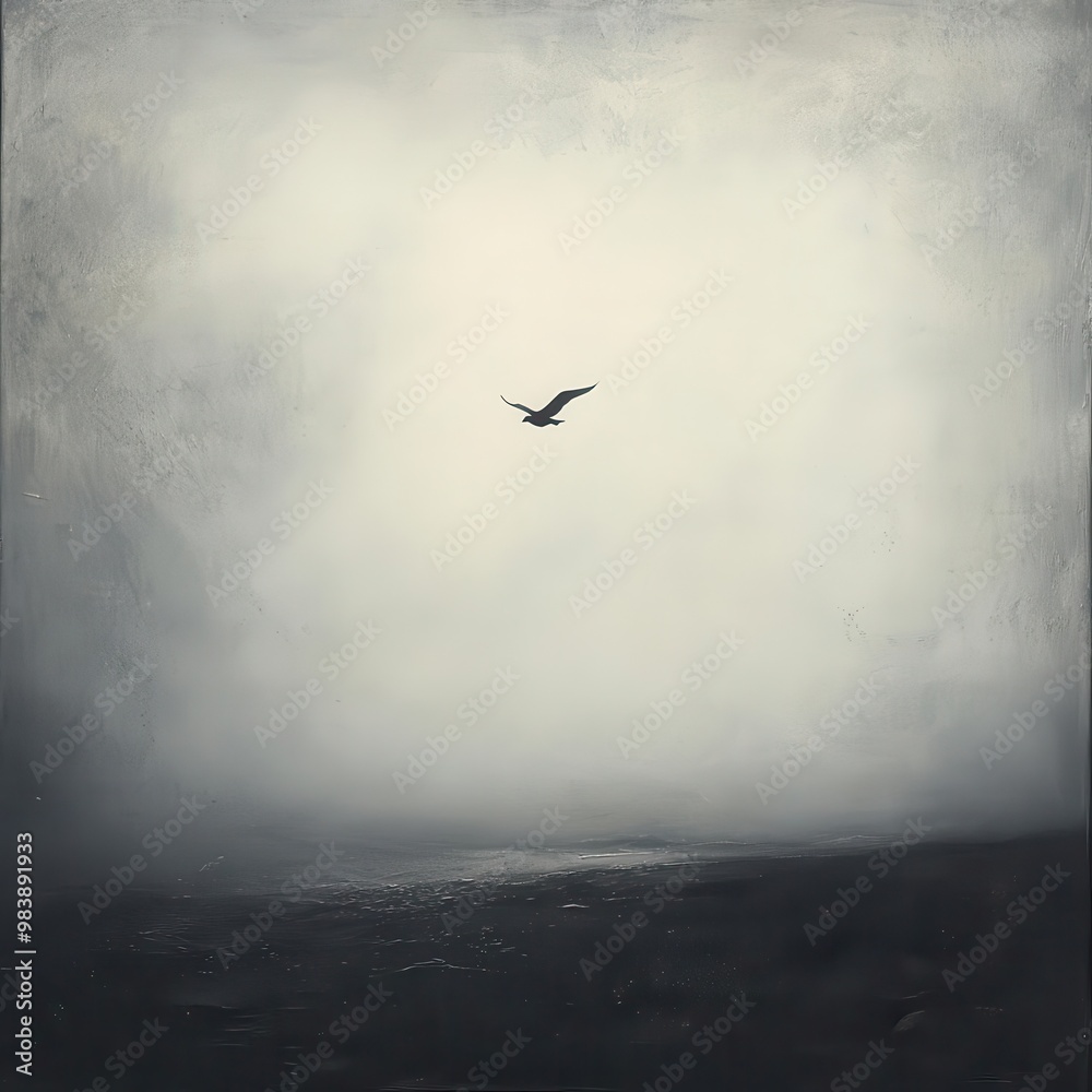 Fototapeta premium A grey landscape with a lone bird flying away, representing departure and separation, [sadness], [grief of loss].