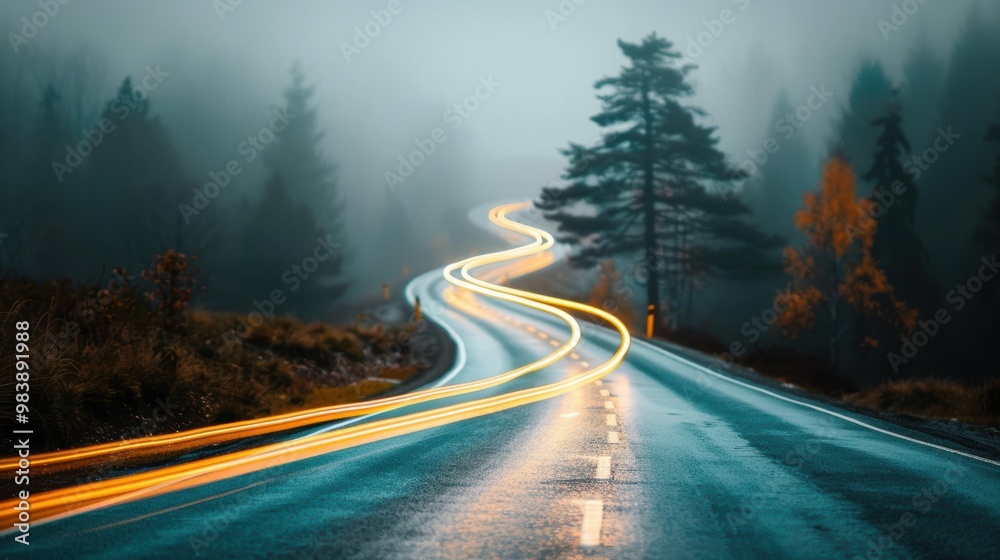 A single car leaving a long, winding light trail on a deserted road, emphasizing the sense of solitude and movement.