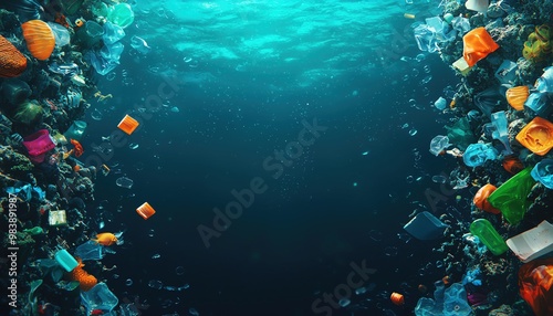 Ocean plastic pollution, sea creatures entangled in waste, 3D illustration photo