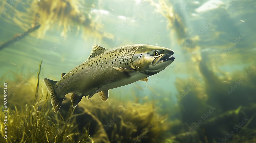 Salmon salmon moving beneath the waters surface Salmon salmon moving beneath the waters surface
