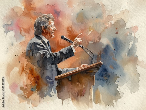 The scholar stood on the podium and began to lecture. Watercolor painting.