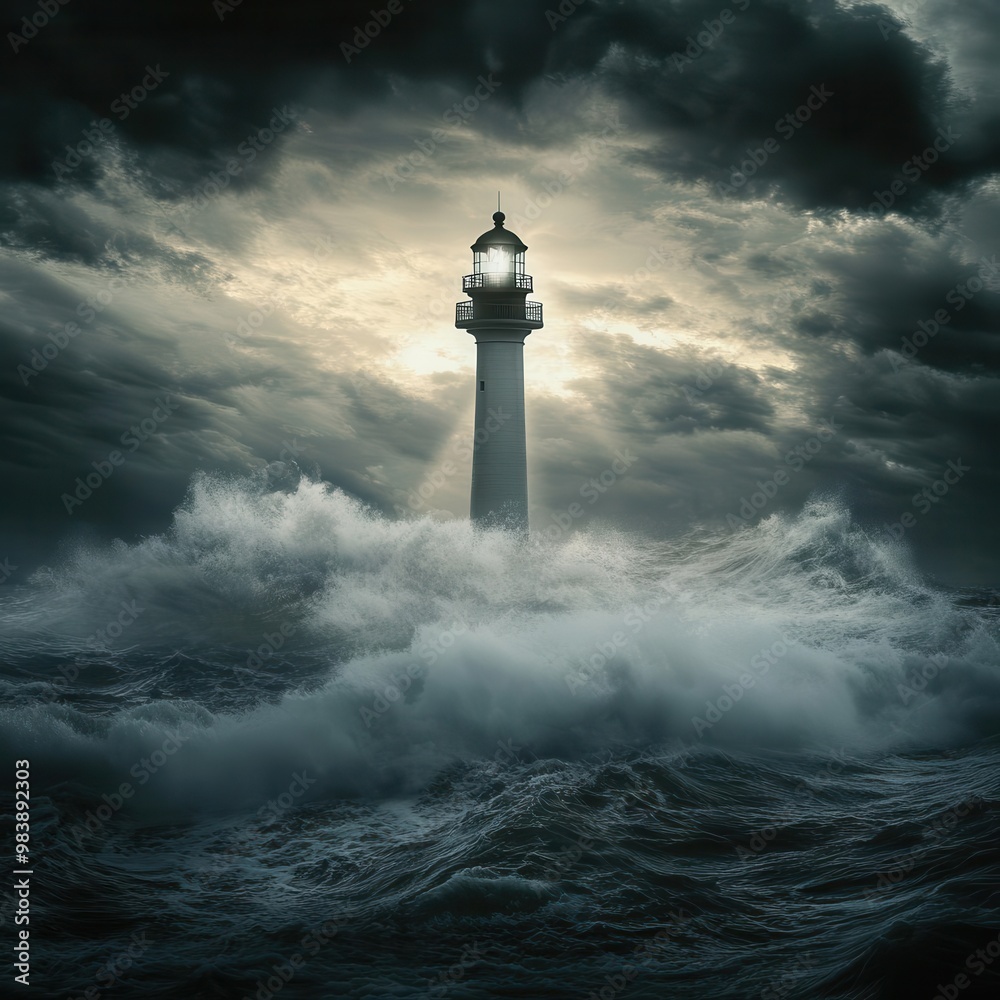 A lone lighthouse standing tall in the storm, symbolizing resilience amidst grief, [hope], [grief and endurance].