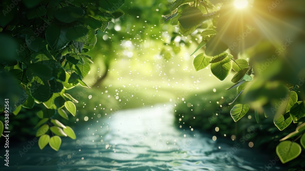 A tranquil forest stream meanders through a dense canopy of trees, dappled sunlight filtering through the leaves. A tranquil forest stream meanders through a dense canopy of trees, dappled sunlight filtering through the leaves.