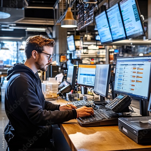 Man working on computer in office.