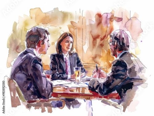 Executives are discussing and making decisions about business operations. Watercolor painting.