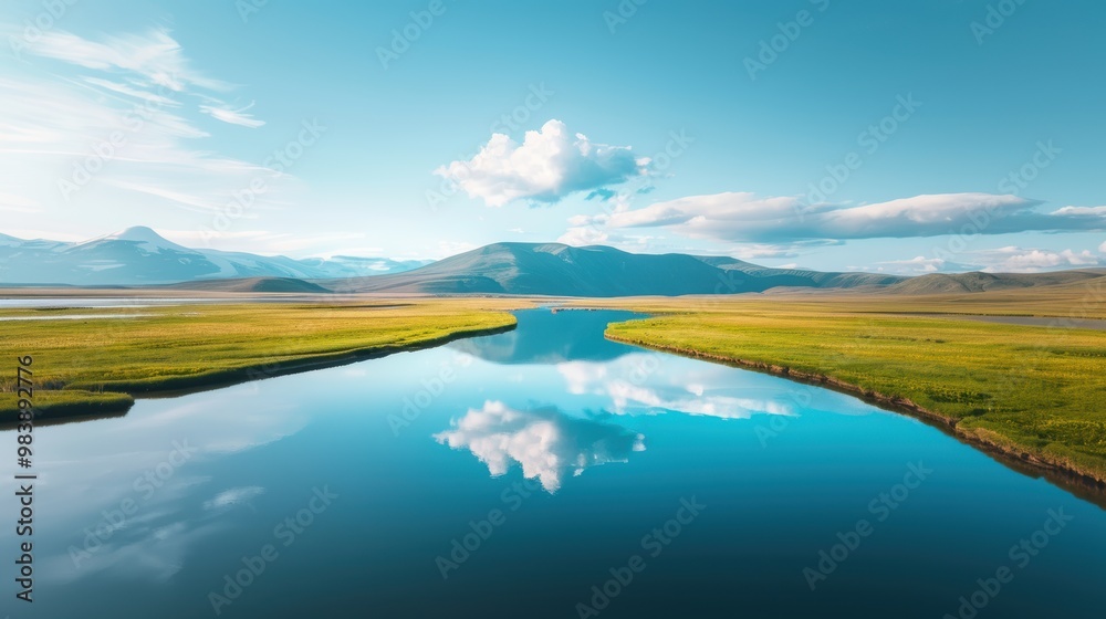 Obraz premium A wide river flows majestically through a vast landscape, reflecting the blue sky and fluffy clouds.