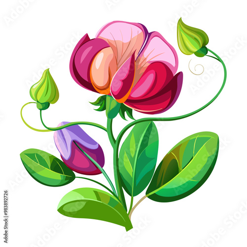 Elegant Sweet Pea Flower Illustration - Soft Pink and Red Petals with Lush Green Leaves, Ideal for Romantic and Spring Themes, Sweet Pea Flower vector Illustration, Sweet Pea vector Illustration