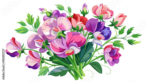 Elegant Sweet Pea Flower Illustration - Soft Pink and Red Petals with Lush Green Leaves, Ideal for Romantic and Spring Themes, Sweet Pea Flower vector Illustration, Sweet Pea vector Illustration