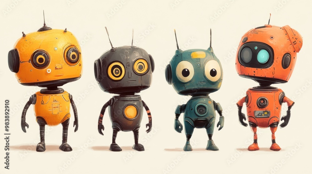 Fototapeta premium Design an image featuring a set of four cute robots with different designs.