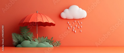 A minimalist 3D umbrella set against a clean minimalist background, symbolizes protection unpredictability of weather.