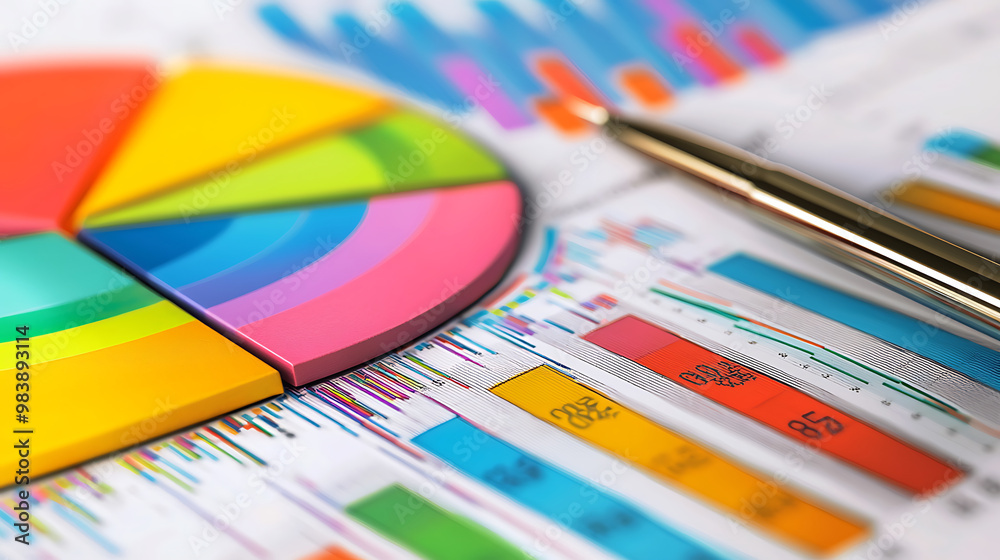 Colorful pie chart and bar graphs on financial report, showcasing data analysis and investment portfolio insights. vibrant colors enhance visual appeal of statistics Colorful pie chart and bar graphs on financial report, showcasing data analysis and investment portfolio insights. vibrant colors enhance visual appeal of statistics