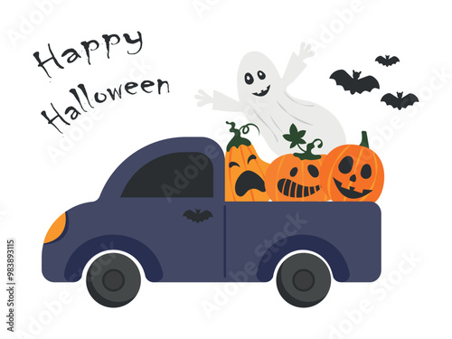 Halloween truck with ghost and pumpkins. Vector illustration isolated on white background