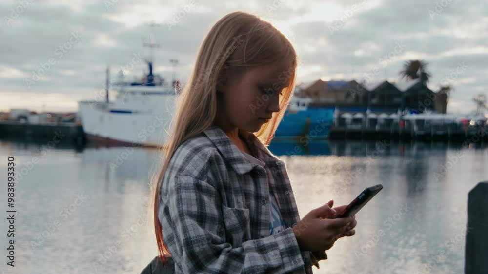 A child in a plaid coat looks at her smartphone, positioned near the water, with a view of boats and buildings in the background during gray skies. A child in a plaid coat looks at her smartphone, positioned near the water, with a view of boats and buildings in the background during gray skies.