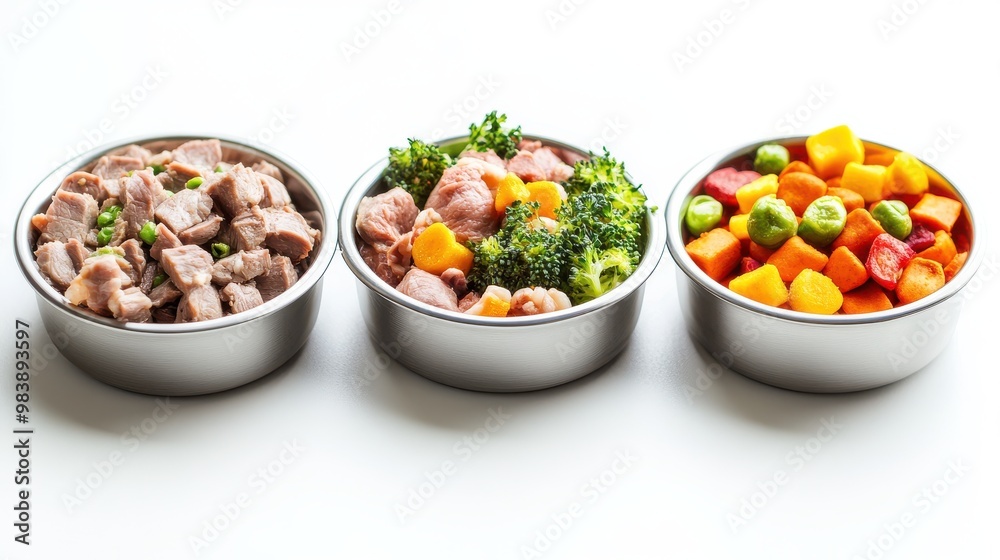 Design an image featuring a set of three pet food dishes Design an image featuring a set of three pet food dishes