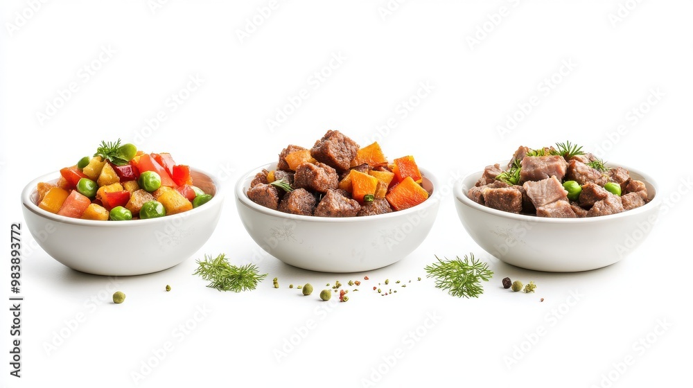 Design an image featuring a set of three pet food dishes Design an image featuring a set of three pet food dishes