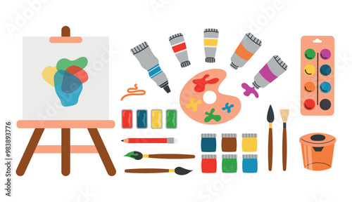 Artist set easel, paints, brushes, pencils. Vector for drawing lessons, artist equipment