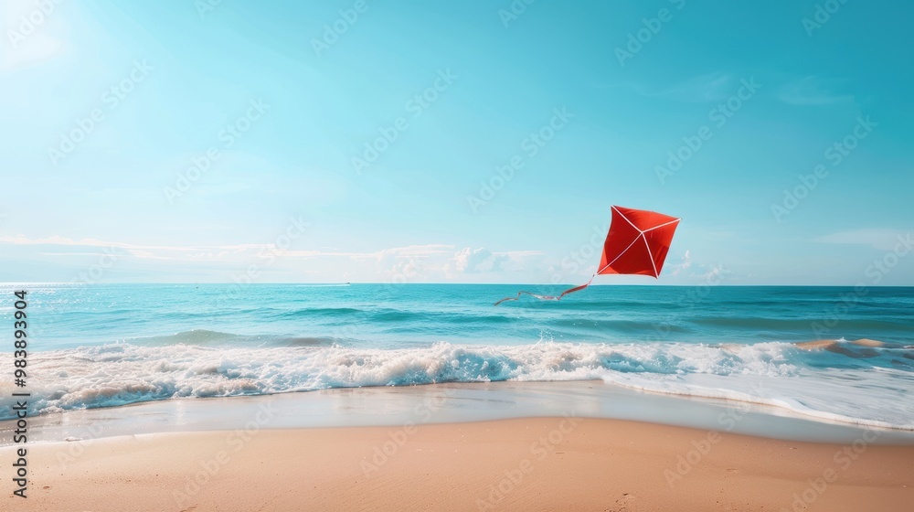 A kite flying over a beach, with the waves crashing in the background. A kite flying over a beach, with the waves crashing in the background.
