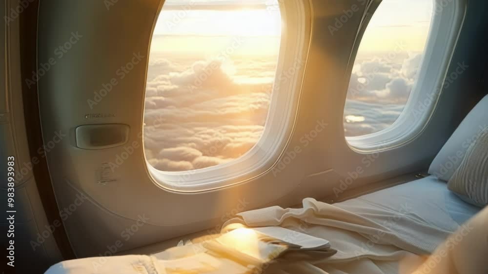 Luxurious private jet cabin with cozy bed and fluffy pillows by window, soaring high above clouds at sunrise, offering comfortable space for travelers to enjoy breathtaking view of sky