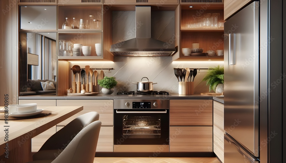 Induction stove, oven and range hood on modern kitchen with wooden furniture. Stainless pan on glass ceramic hob Induction stove, oven and range hood on modern kitchen with wooden furniture. Stainless pan on glass ceramic hob