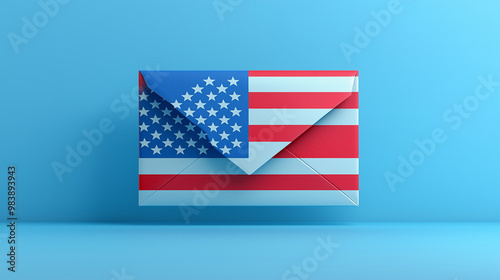 American Flag Envelope:  A minimalist design featuring a US flag printed on a white envelope, against a vibrant blue background. The image evokes a sense of patriotism and unity, perfect for celebrati photo