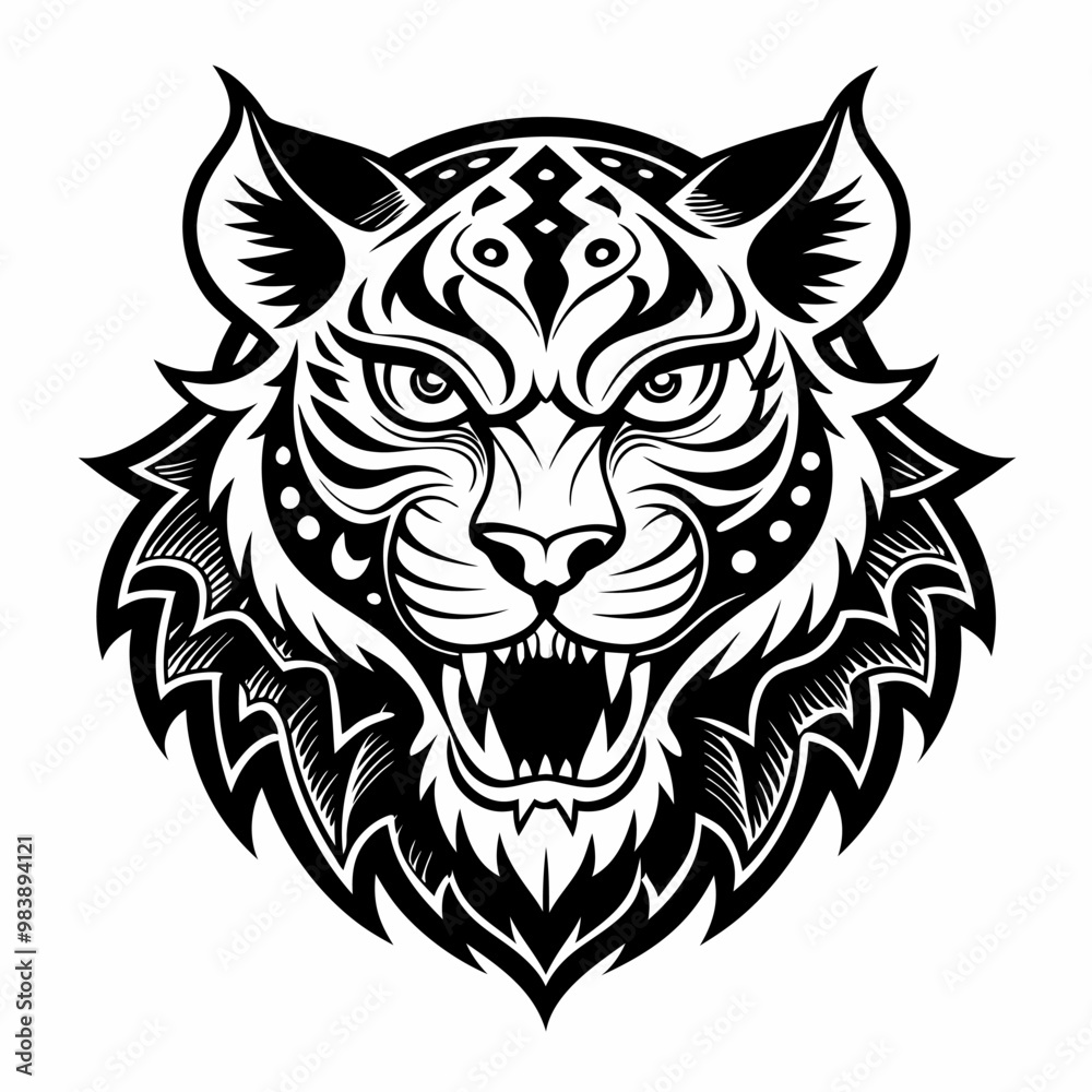 Fototapeta premium Intricate Black and White Tiger Head Illustration with Tribal Design Elements