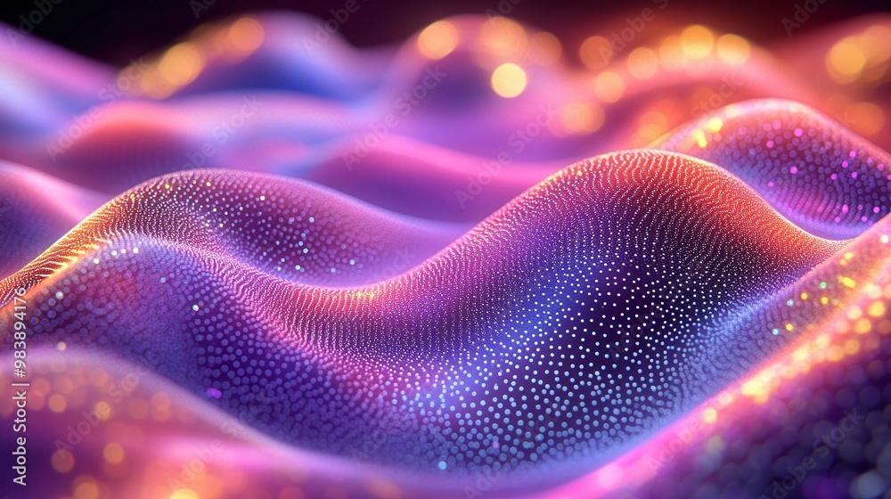 A mesmerizing abstract illustration featuring vibrant waves and glowing particles in a dreamy, colorful landscape. A mesmerizing abstract illustration featuring vibrant waves and glowing particles in a dreamy, colorful landscape.