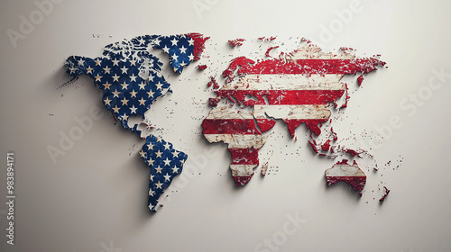 World Map in American Flag: A dramatic and abstract representation of the United States' influence and reach across the globe. The world map is rendered in the design of the American flag, with a weat photo