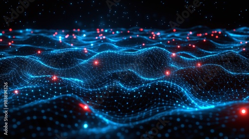 A mesmerizing abstract representation of digital waves with glowing particles in a dark space, perfect for tech and futurism.