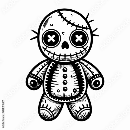 Creepy Voodoo Doll Vector Illustration with Stitches and Button Eyes