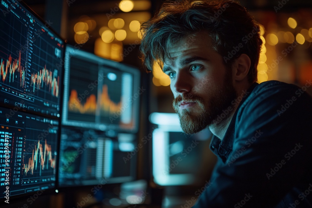 Concentrated Male Data Analyst Examining Line Graphs in Dimly Lit Office for Financial Analysis and Market Forecasting
