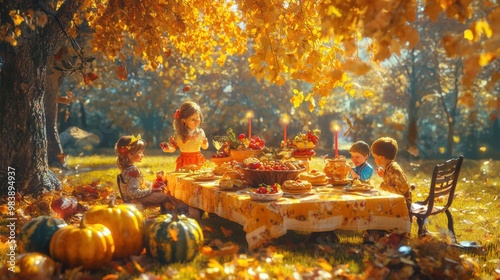 Vibrant outdoor Thanksgiving gathering in a park during autumn. A family is enjoying a picnic-style feast, surrounded by colorful fall leaves and the crisp air.