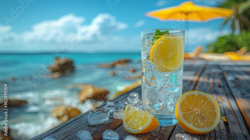 Lemonade or gin tonic cocktails in a clear glass put on the wood table, on the beach under yellow umbrella, see background with a sunshine day, this is summer beach, let's go to the sea 