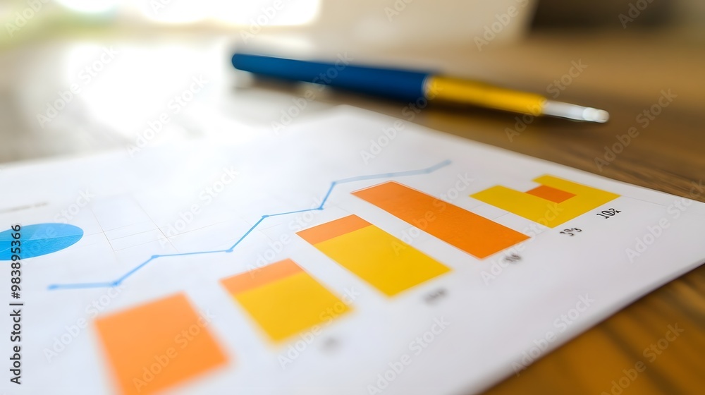 A pen is sitting on top of a stack of graphs. The pen is silver and the graphs are colorful A pen is sitting on top of a stack of graphs. The pen is silver and the graphs are colorful