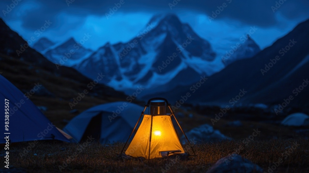 A Lantern Illuminates a Campsite Against a Mountainous Backdrop A Lantern Illuminates a Campsite Against a Mountainous Backdrop