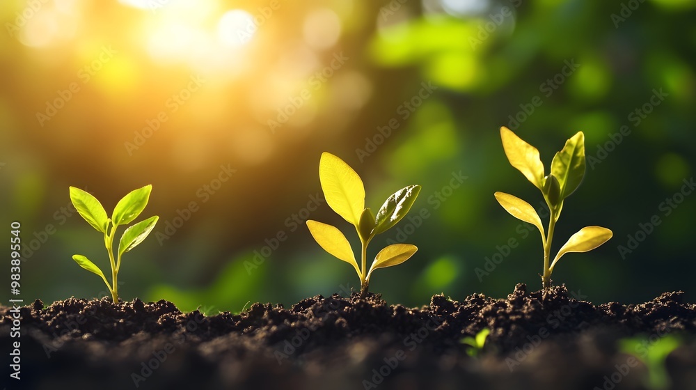 A series of small plants growing in the dirt, with a line connecting them A series of small plants growing in the dirt, with a line connecting them