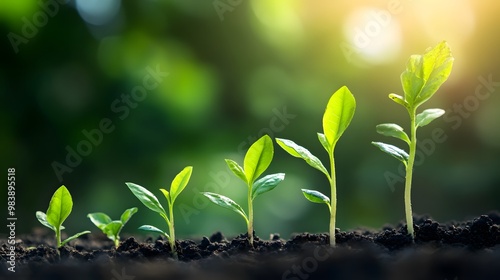 A series of small plants growing in the dirt, with a line connecting them