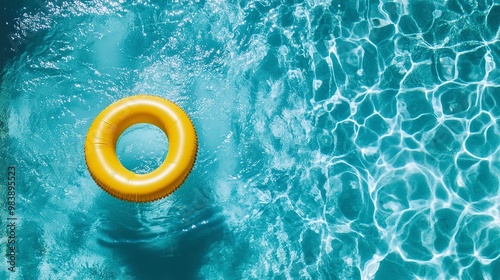 Aerial view of a vibrant swimming pool on a sunny day, with a yellow swim ring gently floating on the shimmering water. The essence of summer captured in a photo 