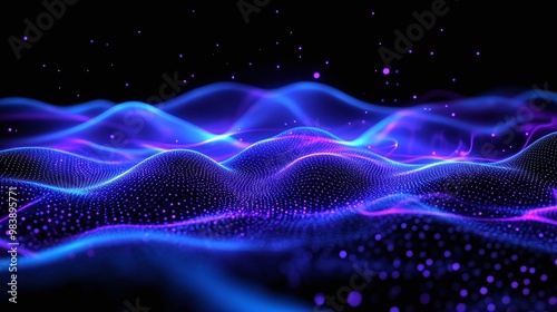 A stunning wave of vibrant blue and purple lights flows across a dark background, creating a mesmerizing digital landscape.