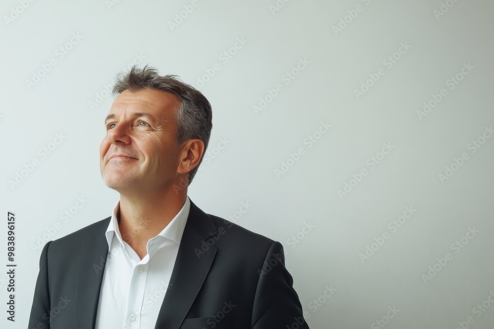 Happy confident mature business man looking away isolated on white wall. Happy confident mature business man looking away isolated on white wall.